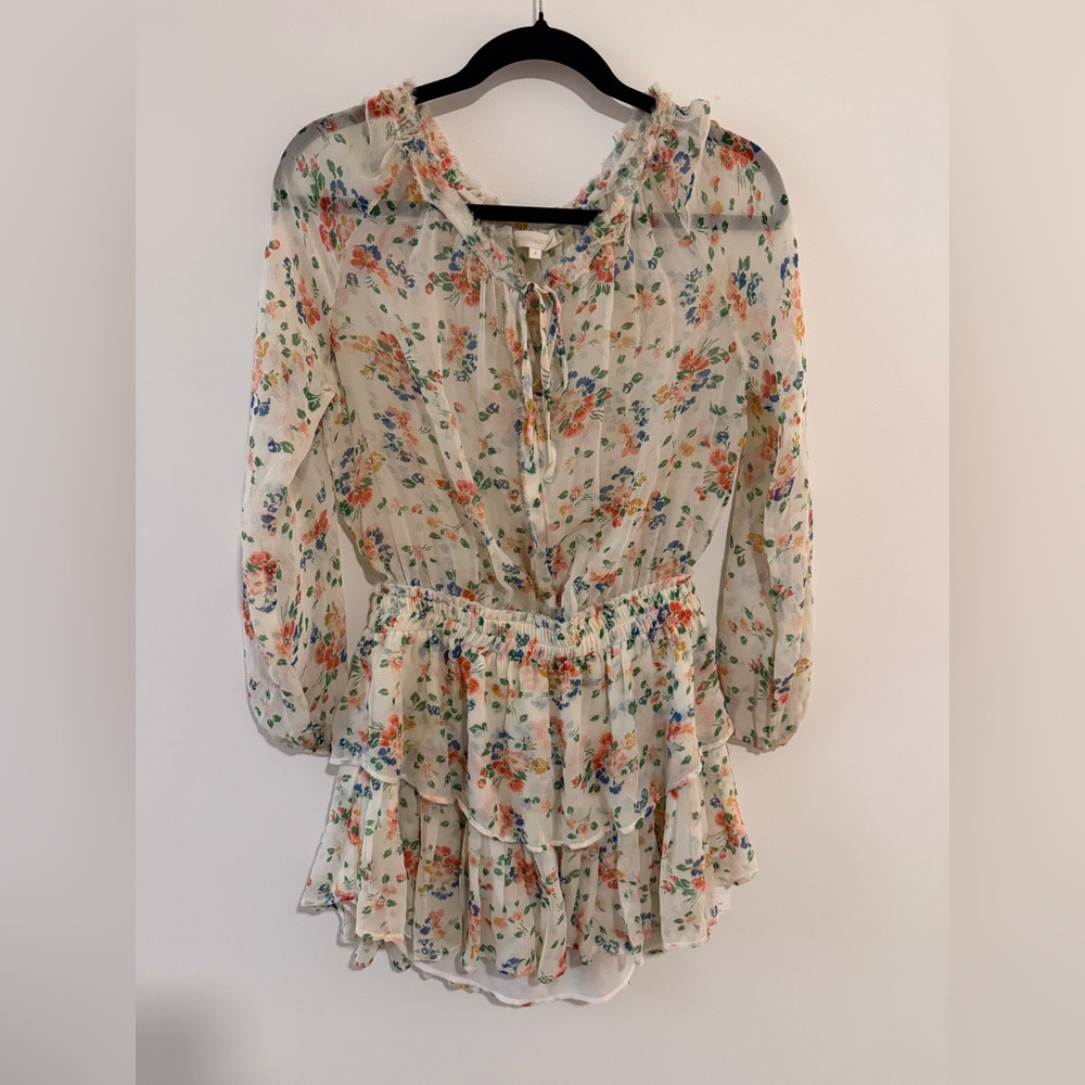 LoveShackFancy SILK Cream Floral Mini Dress Long Sleeve with Tiered Skirt